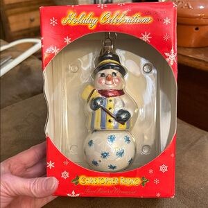 Vintage Christopher Radko Festive Snowman Ornament - Blue and Yellow ceramic